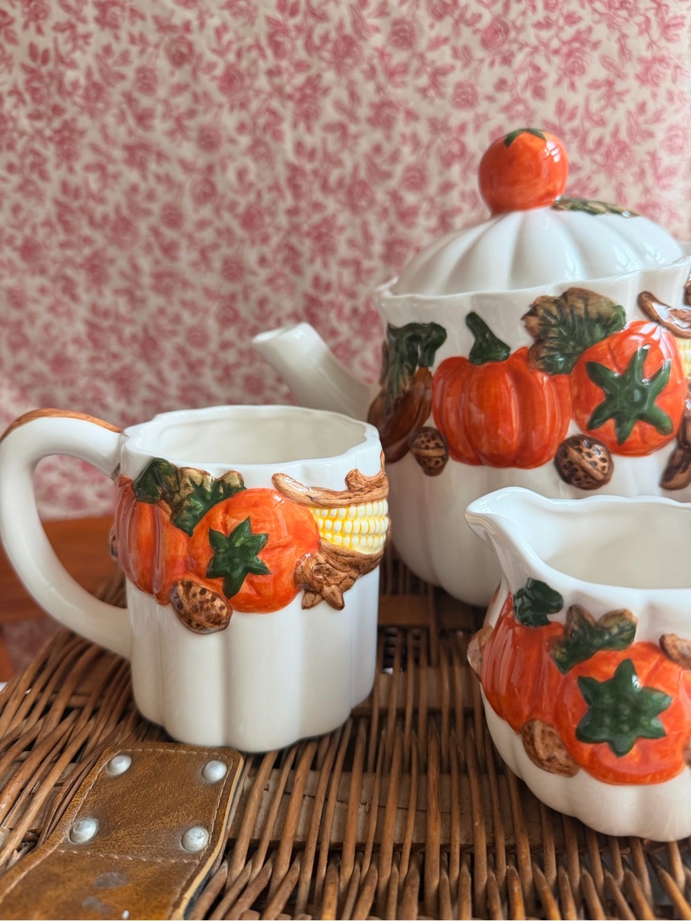 Vintage Ceramic Pumpkin Harvest Tea Set - Orange & Green - Picture 2 of 7